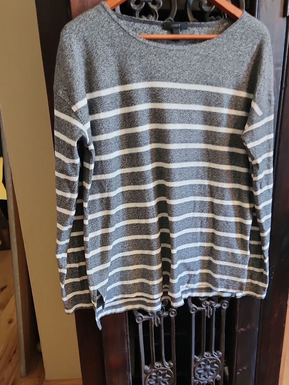 J. Crew Gray and White Striped Crewneck Sweater, Supersoft Cotton, M